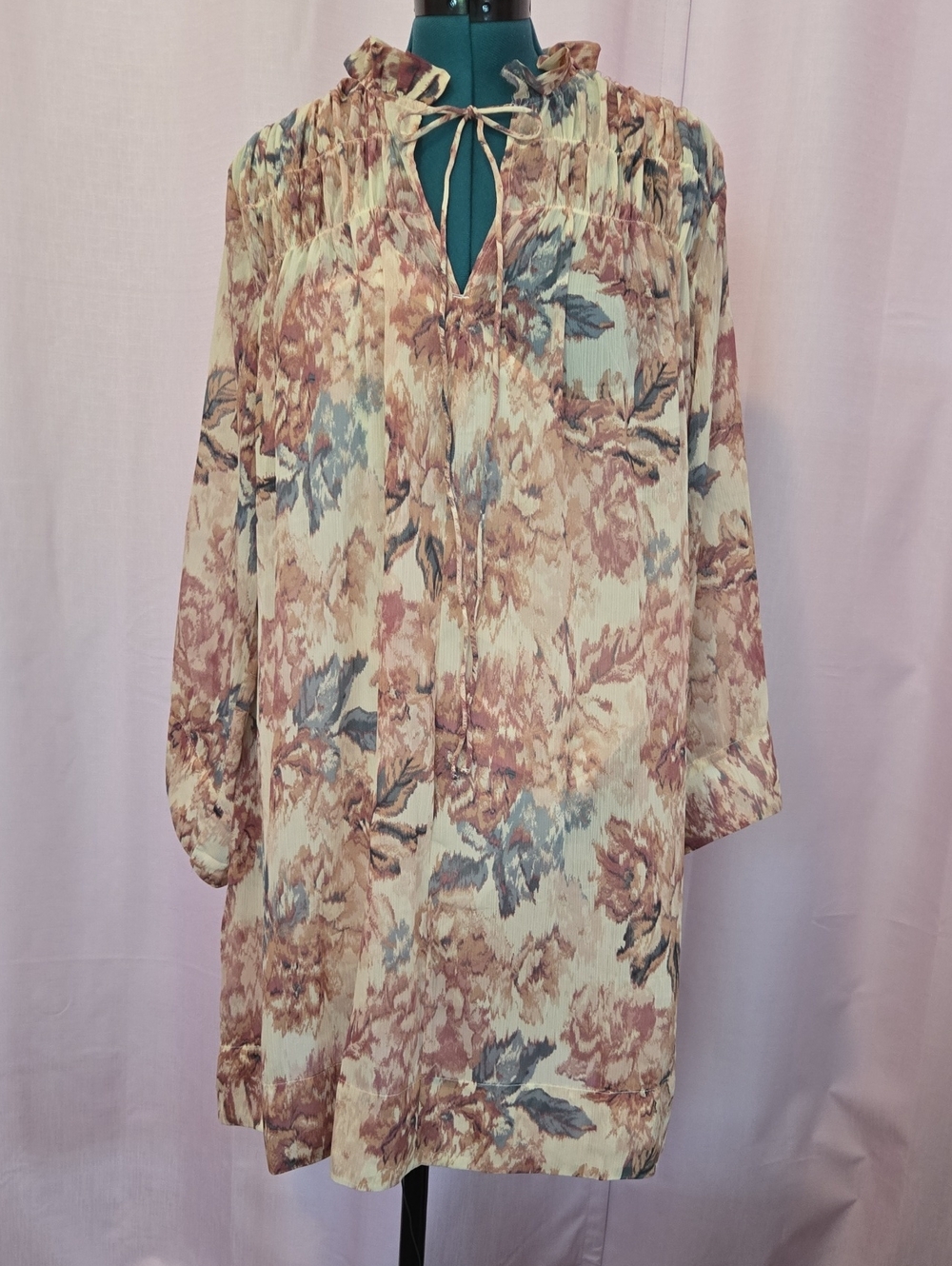NWT H&M Floral Tie-Neck Boho Tunic in Soft Blush and Blue